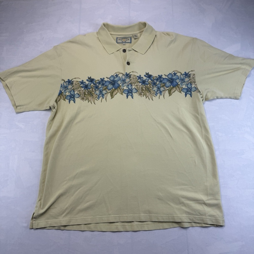 Pusser's Island Style Polo Shirt XXL Beige Blue Floral Tropical Cotton